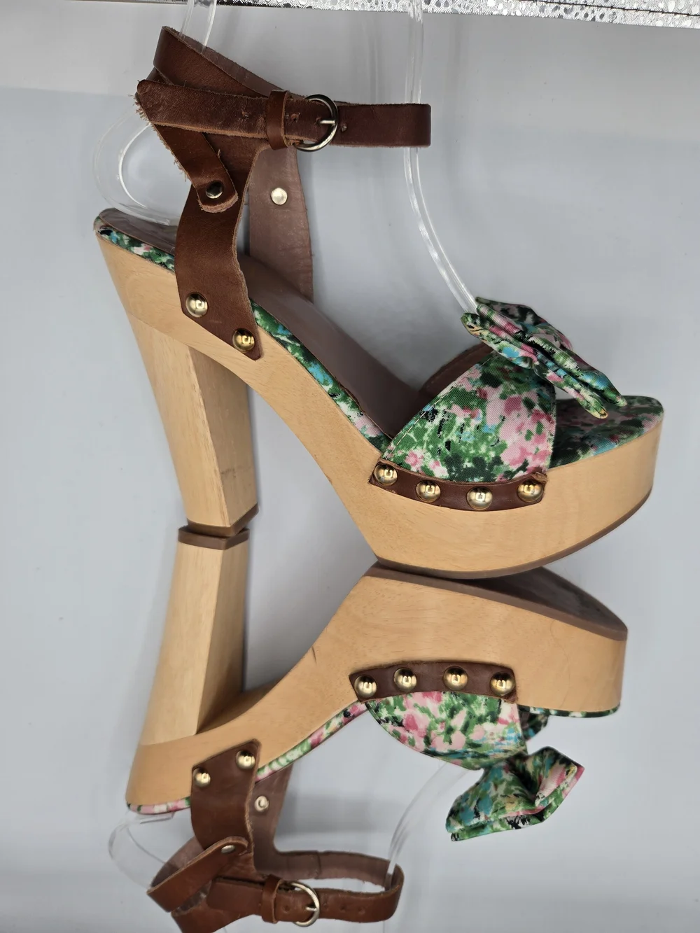 RED Valentino Meadow Print Platform Sandals Size 37.5 Floral Bow Wood Heel